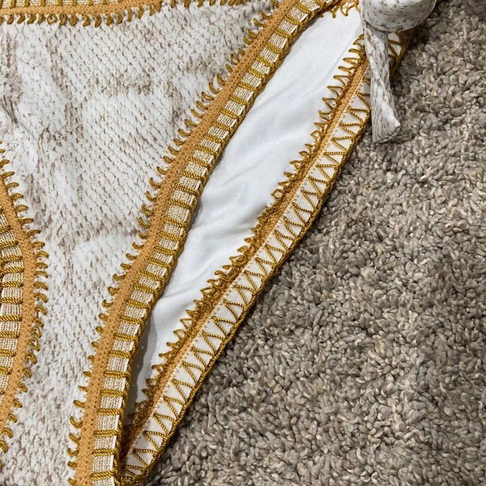 White & Gold Crochet-Trim Bikini Set - Women Swim
